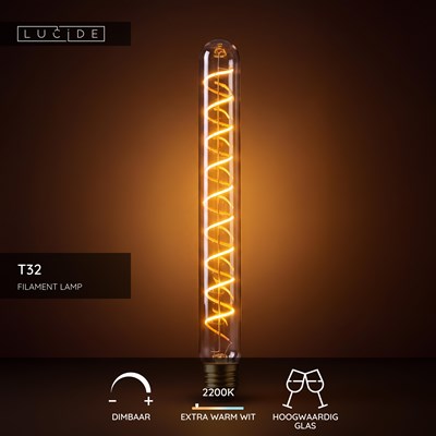 Lucide T32 - Filament lamp - Ø 3,2 cm - LED Dimb. - E27 - 1x4,9W 2200K - Amber